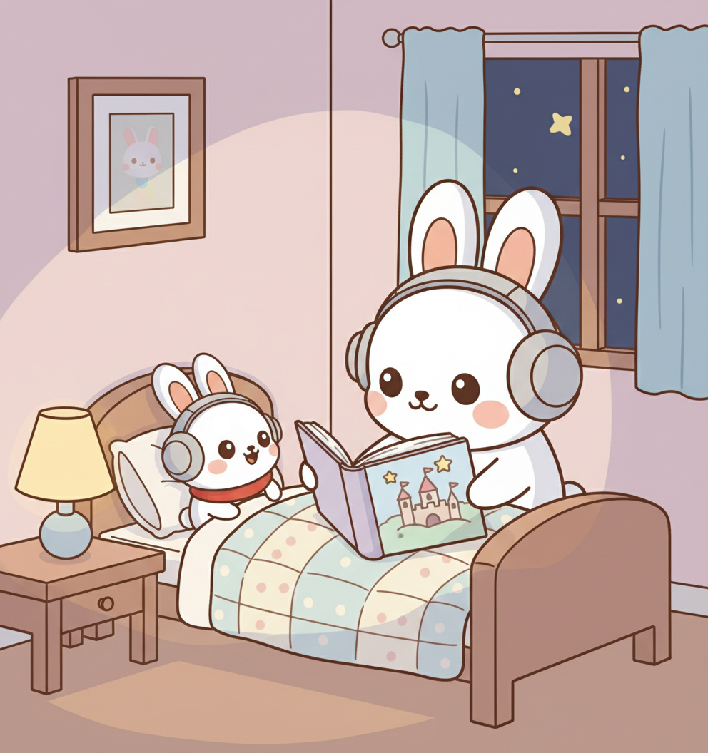 A parent bunny reading an illustrated bedtime story to a little bunny