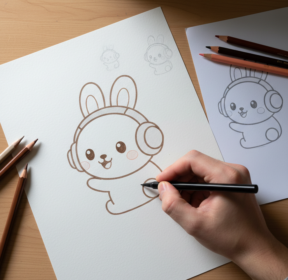 An artist hand-drawing the CoCoBun bunny character with colored pencils